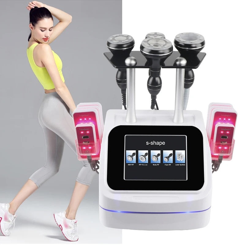 Fitness Woman’s Body, White color S-Shape cavitation machine with Pink Lipo Laser 